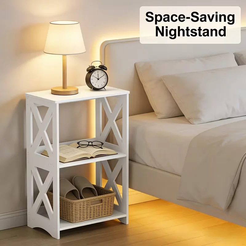 White Nightstand with 3-Tier Storage Shelf, Farmhouse Side Table End Table for Bedroom, Living Room, Small Space, Bathroom Organ