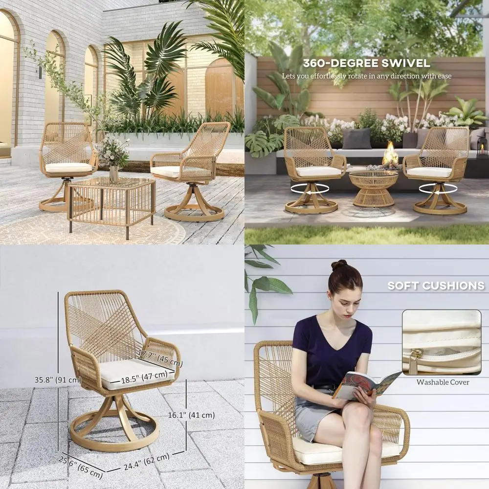 

Набор из 2 поворотных стульев для патио, плетеные уличные обеденные стулья из ротанга с мягкими подушками и металлическим каркасом для заднего двора, газона, веранды или сада