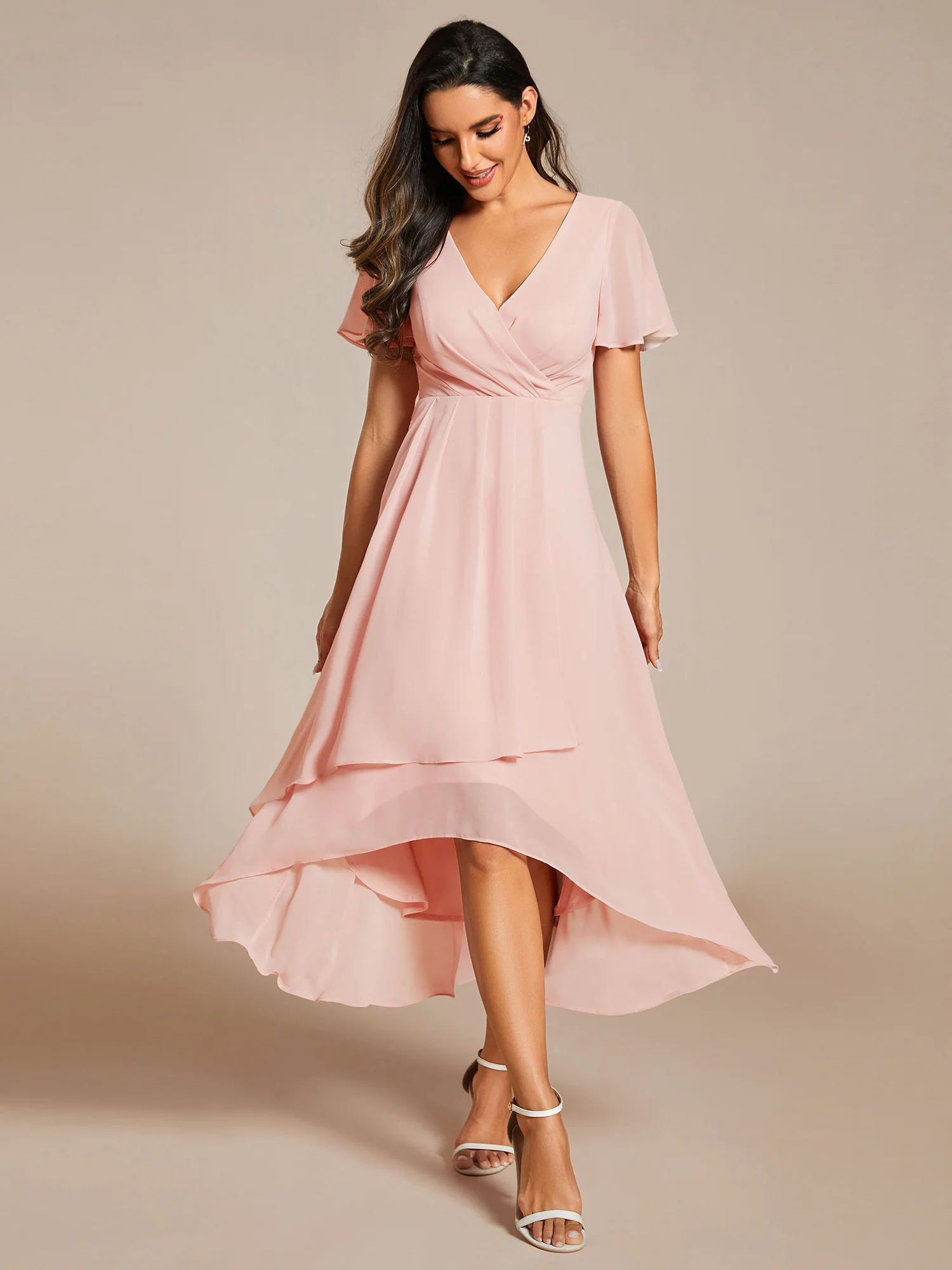 Sempre bonita-vestido de convidado do casamento chiffon, simples vestido plissado, v-colar, babados, linha a, linha a, elegante, para a festa, novo