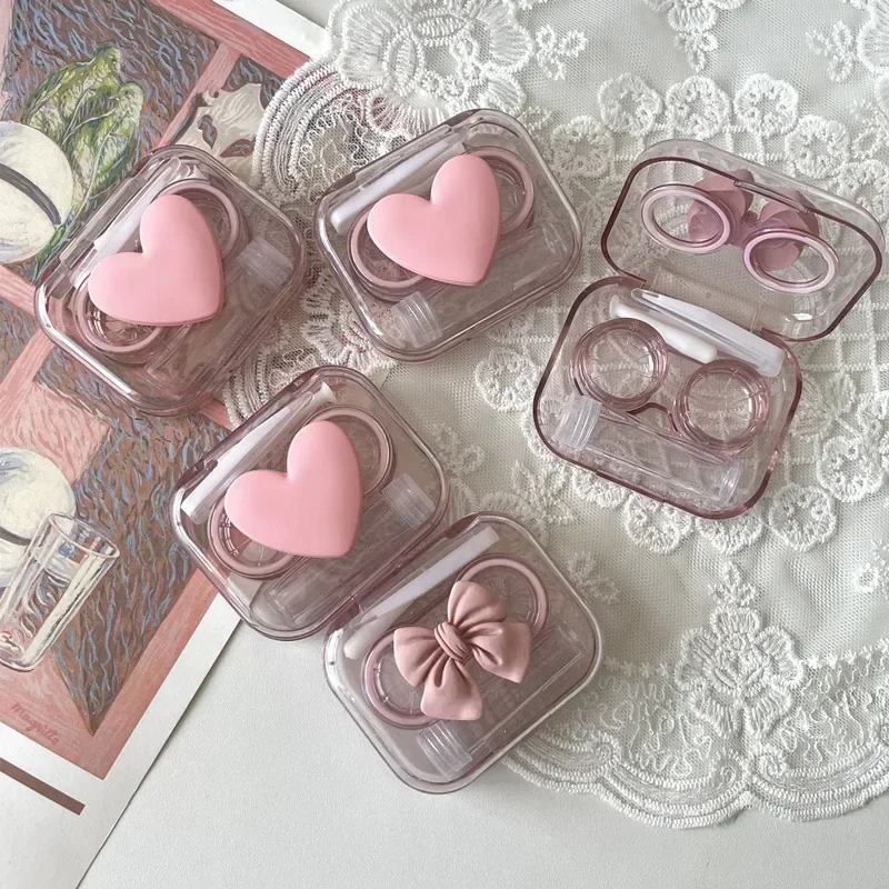 Contact Lens Cases Pink Transparent Love Bow Contact Lens Case Girl Portable Beauty Pupil Storage Box Travel Eye Care Container