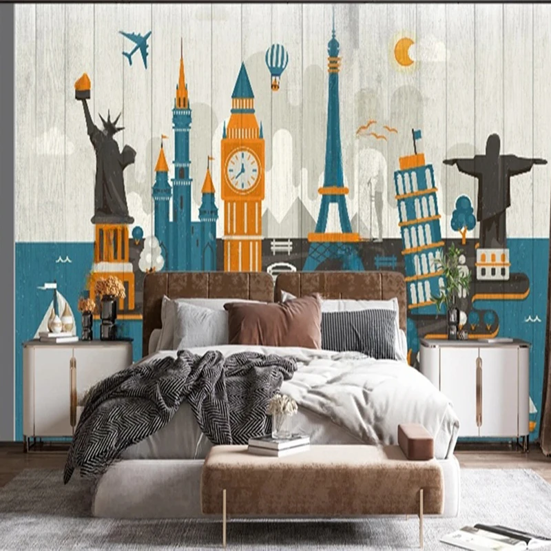 Pegatinas De Pared Wallpaper Hand-Painted Cartoon City Building for Kids' Rooms Playroom Nursery Wall Art Decor Pegatinas 3D