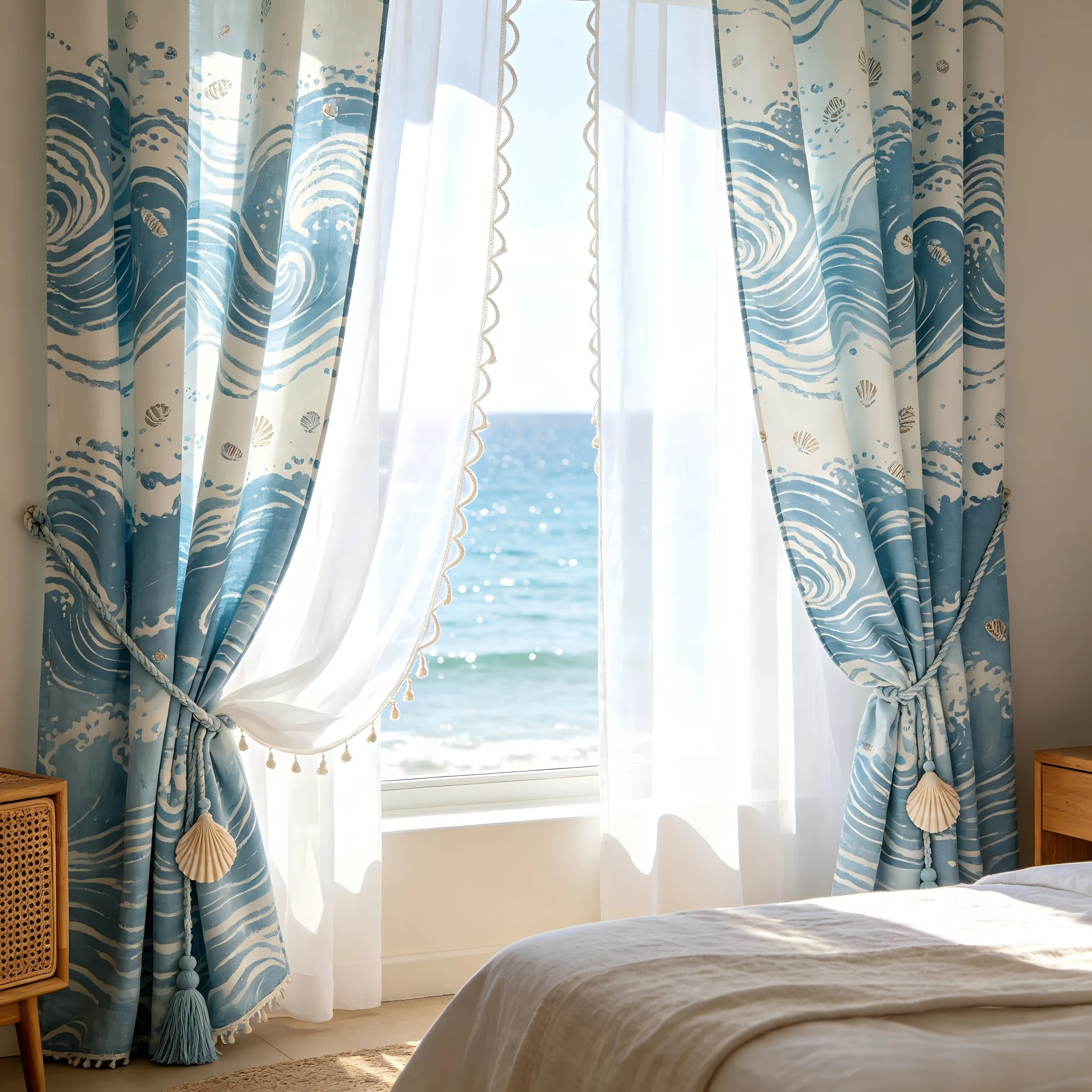 200281  Blue and White Wave Linen Print + Shell Pendant Curtain