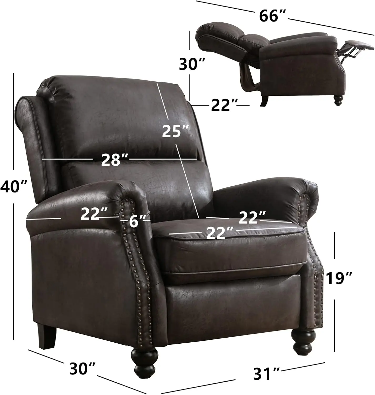 Recliner Chair Faux Leather Armchair Push Back Recliner with Rivet Decoration Single Sofa Accent Chair for Living Room