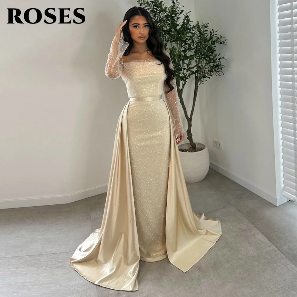 

ROSES Champagne Shiny Prom Dress Sequin-Embellished Mermaid Prom Gown with Long Trails and Sheer Sleeves robe de bal Customized