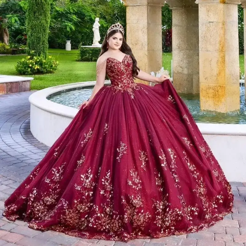 Customized Red Quinceanera Dresses Ball Gown Off The Shoulder Applique Lace Beads Tull Party Birthday Sweet 16 Vestido De 15