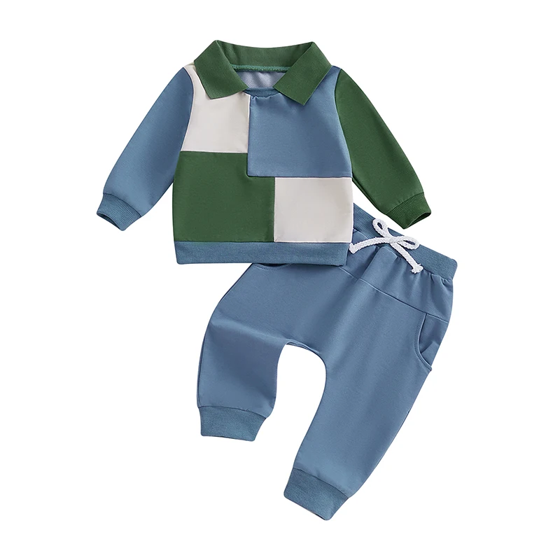 

Infant Boy 2-Piece Autumn Ensemble with Long Sleeve Lapel Collared Sweatshirt and Pants - Toddler Clothing Set