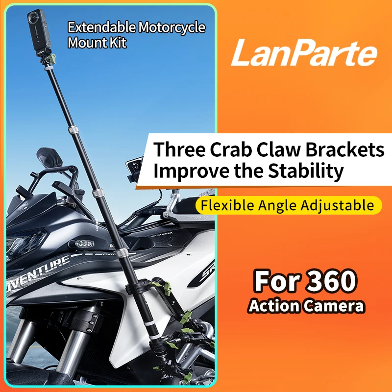 Aluminum Alloy Extended Invisible Selfie Stick 4K Action Sports Camera Accessory with Crab Clamp Motorcycle Bike Handlebar Mount