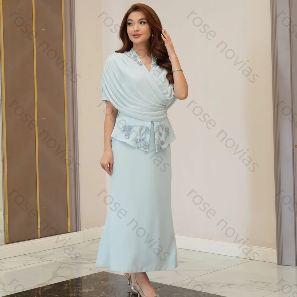 Customized Blue Formal Two-Piece Evening Set with Draped V-Neck Top, Beaded Floral Appliqué and Matching Midi Skirt for Brunch