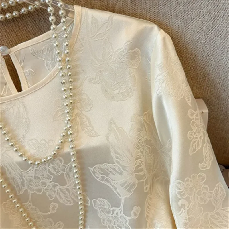 Blusa china para mujer, Top de Jacquard con cuello redondo, camisa Retro para mujer, jersey holgado de té inspirado en Zen, blusa empalmada