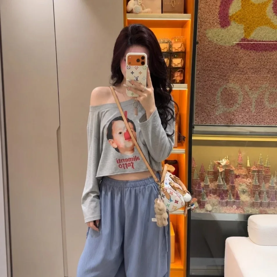 Korean Style Slim Fit Short Sleeve T-Shirt Long Sleeve Printed Diagonal Shoulder Top Trendy Women's Fashion Autumn Citywalk