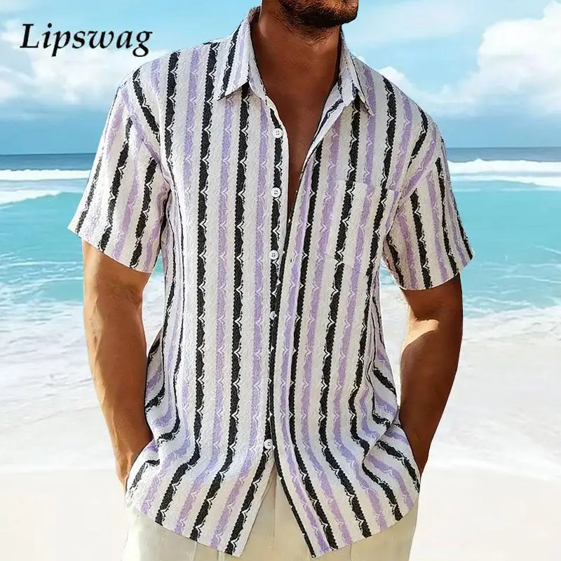 

Vacation Seaside Beach Casual Shirts Mens Knitting Textured Striped Shirt Tops 2026 Summer Men Vintage Short Sleeve Button Shirt