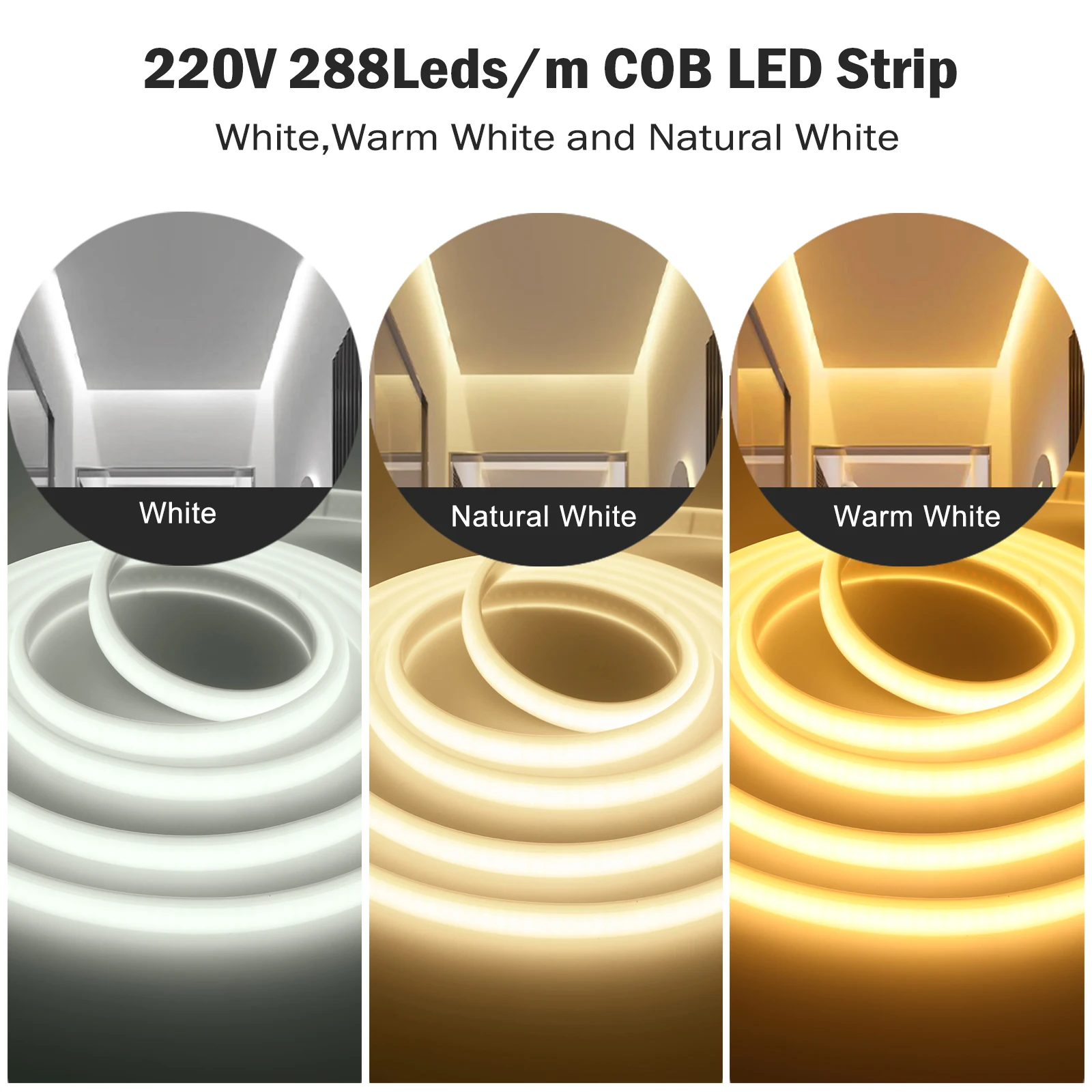220V 230V COB LED Strip Lights RA90 288LEDs/m Waterproof With EU/UK Switch Plug High Bright Outdoor Flexible Ribbon Tape 1M-35M