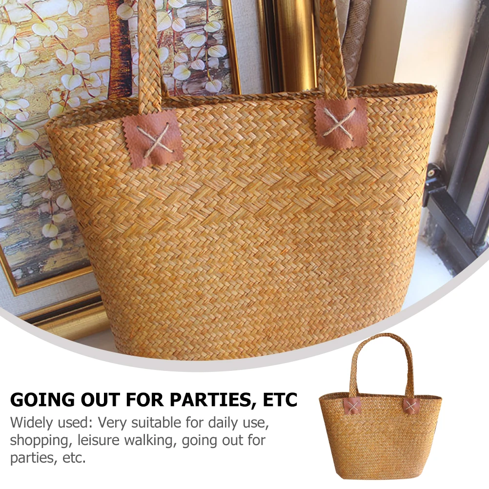 

Seaweed Woven Bag Straw Handbag Women Picnic Basket Tote Home Flower Handle Large Capacity Summer Beach Gift Party Shopping