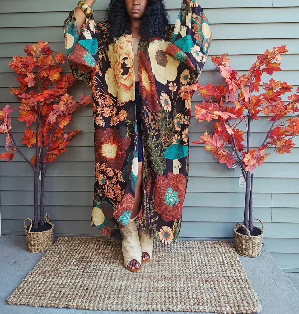 

African Elegant Women Floral Loose Kimonos Free Size Boho Muslim Ramadan Long Duster Coat Sexy Lady Beach Wear Bikini Cover Up