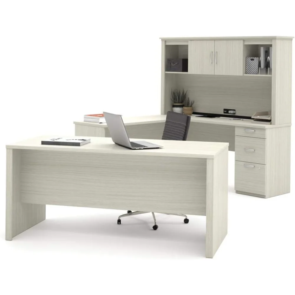 66W U or L-Shaped Executive Office Desk with Pedestal and Hutch in White Chocolate