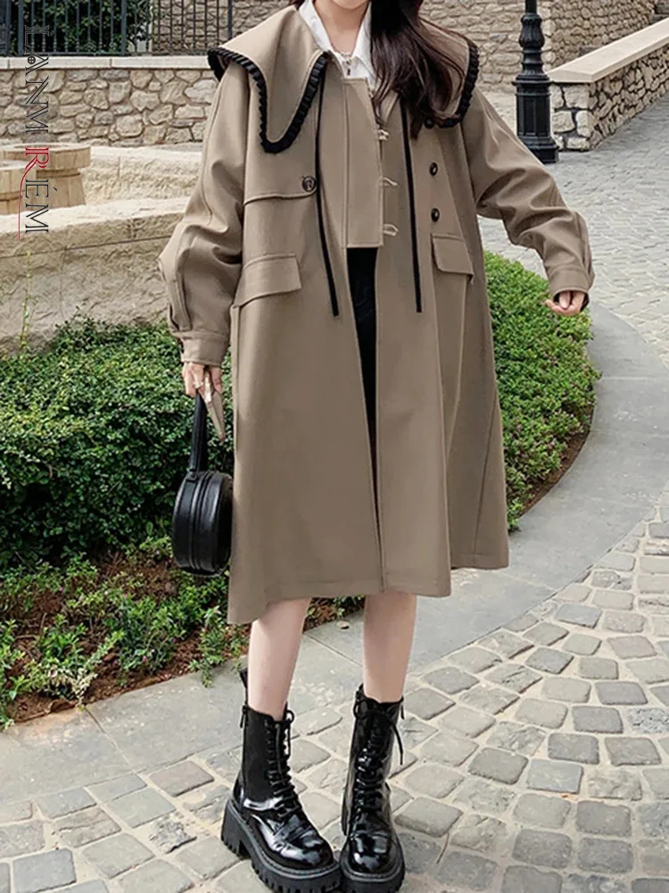 LANMREM Fashion Trench Women\'s Long Sleeves Contrast Color Single Breatsed Mid Length Windbreaker 2024 Autumn New 2Z2362