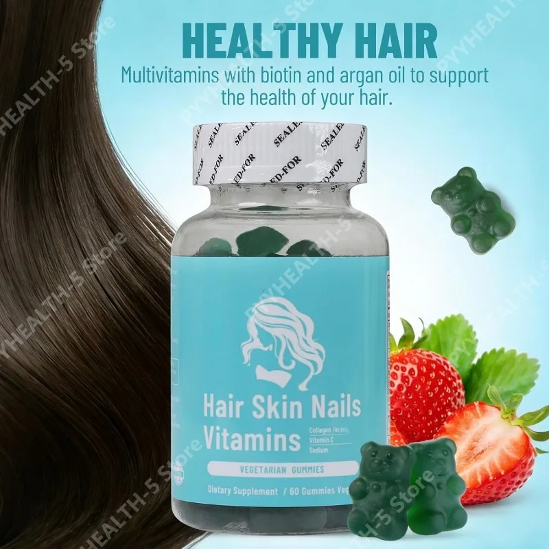 

Hair Skin Nails Vitamins Gummies with Collagen, Vitamin C, Sodium, for All Ethnicities, Men & Women, Strawberry Flavor, 60 Count