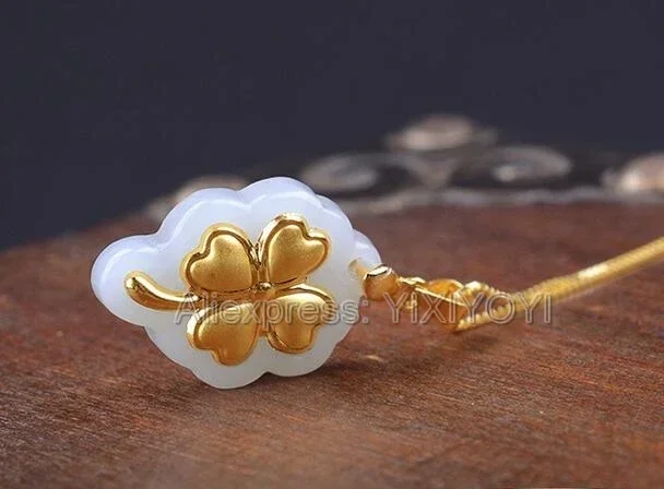 Natural White Hetian Jade Solid Gold Inlaid Carved Heart Tree Leaf Lucky Pendant Chain Necklace Charm Gift Jewelry + Certificate