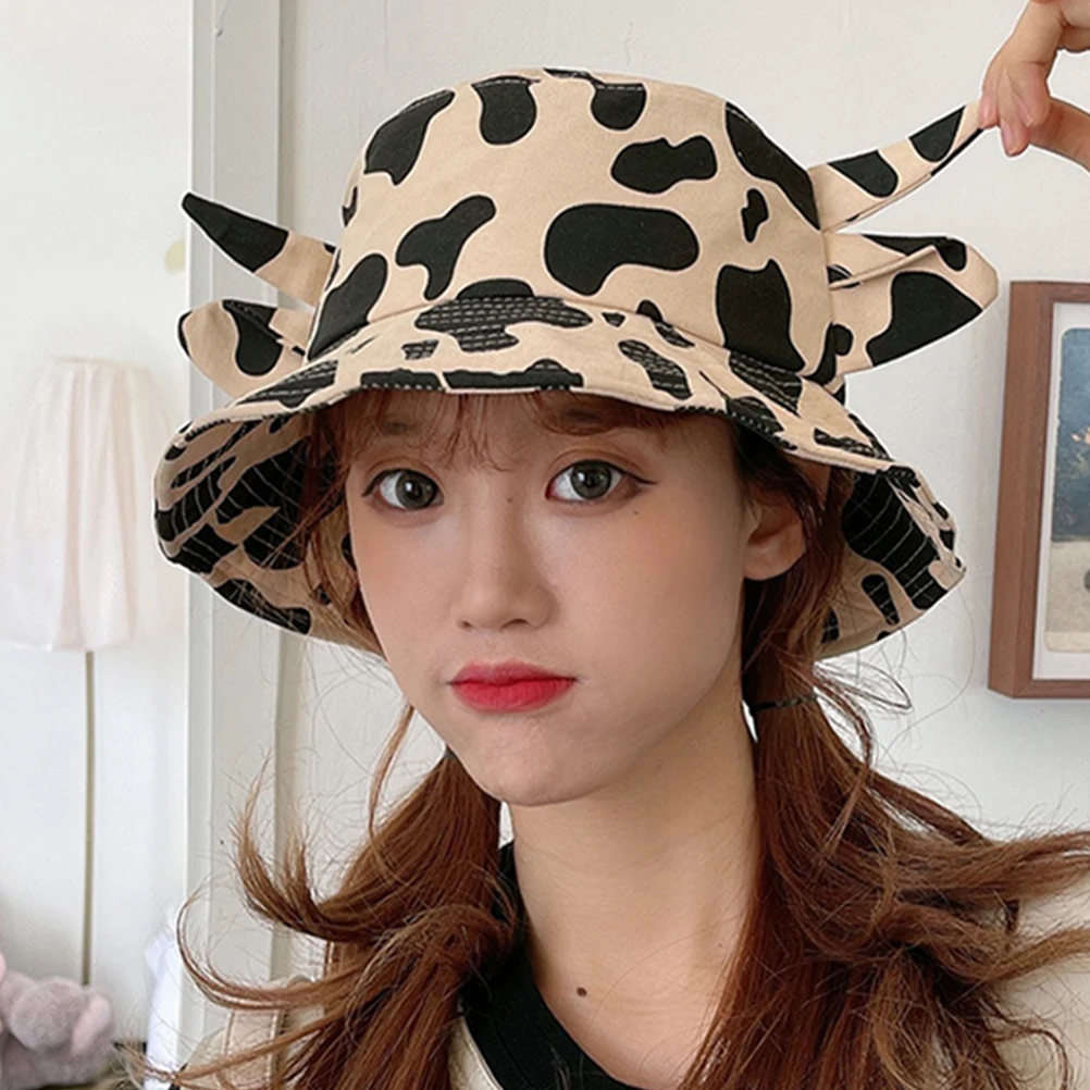 

Fisherman's Hat with Cow Horns Ladies Sun Cotton Bucket Cap Anti-UV Summer