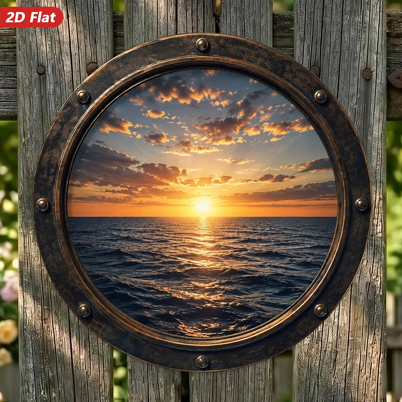 2D Flat, Ocean Sunset View Round Metal Sign Wall Art, Perfect for Living Room Office Garden, Round Porthole View, Home Decor
