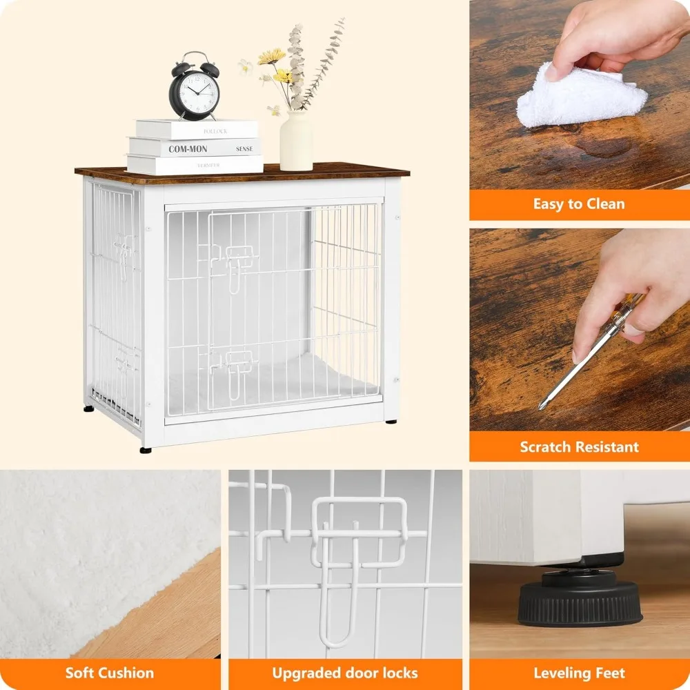 Móveis de madeira para cães com almofada, canil interno de porta dupla, adequado para cães pequenos a grandes, 27,2 polegadas