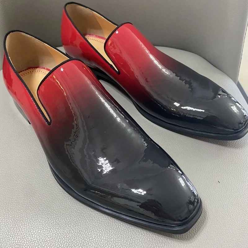 

Red Gradient Color Patent Leather Loafer Men Casual Leather Shoes Handmade Slip On Mens Dress Shoes Party And Prom Shoes