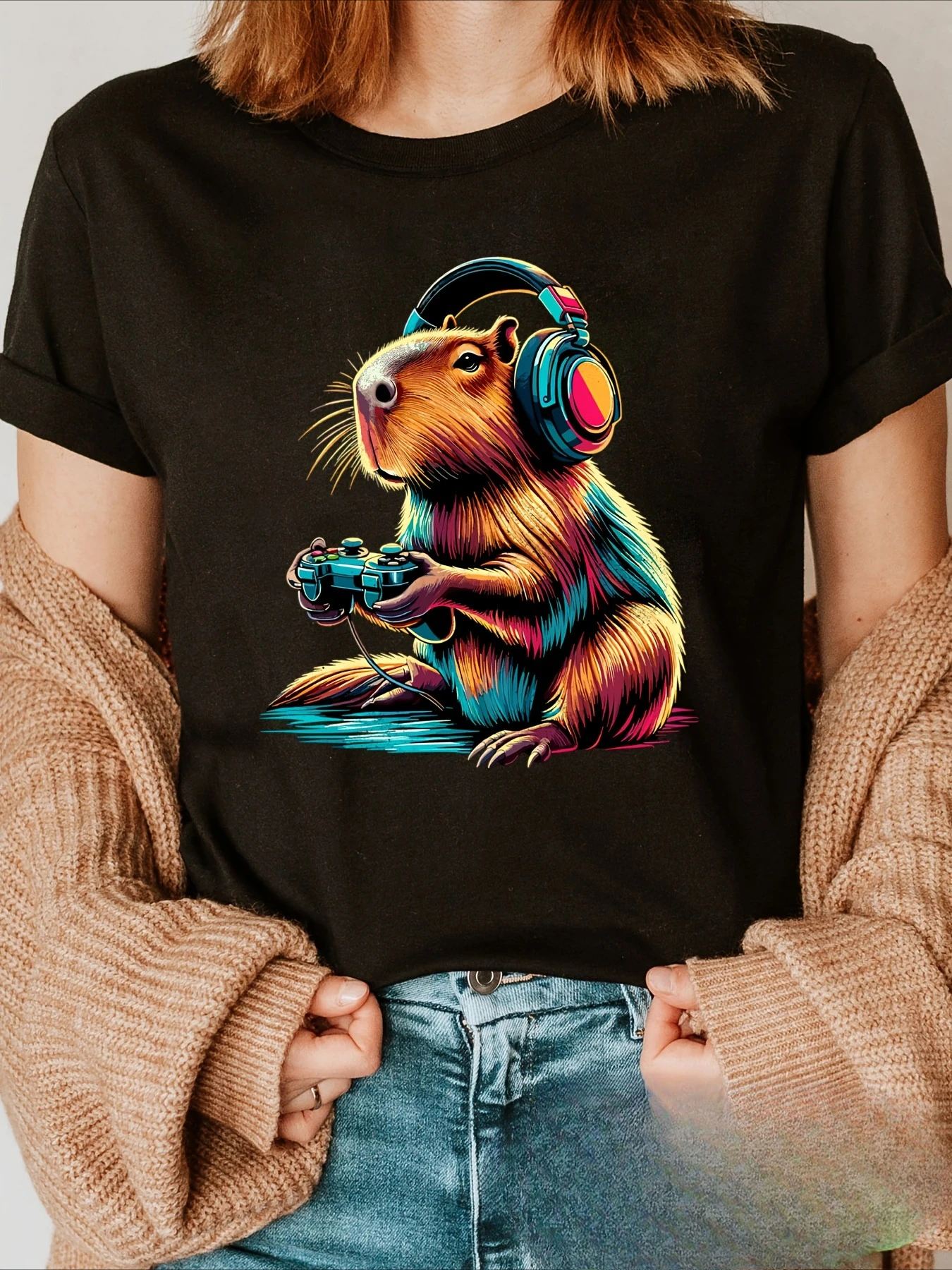 เสื้อยืดผู้หญิงพิมพ์ลายเกมเมอร์คาปิบาราเสื้อคอกลมแขนสั้นลำลองลายกราฟิกอะนิเมะสำหรับทุกฤดูกาล