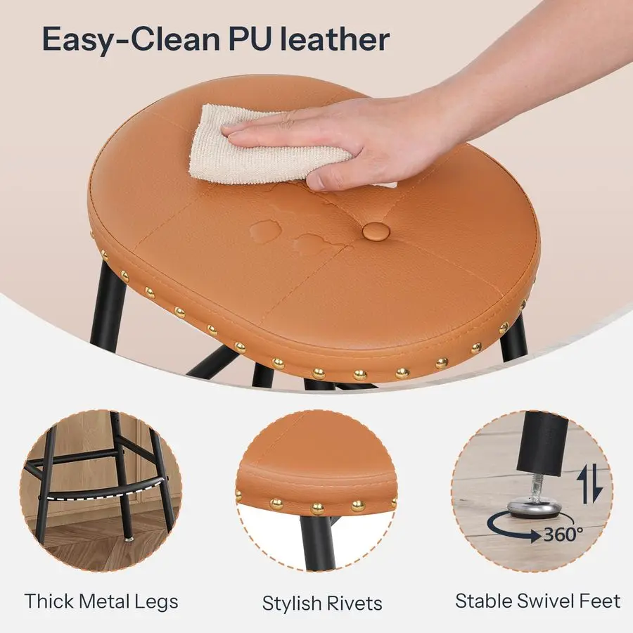 Bar Stools, Set of 2 Bar Chairs,Counter Height Stools,PUPadded Kitchen Counter Stools, Modern Backless Breakfast Stools for Kit