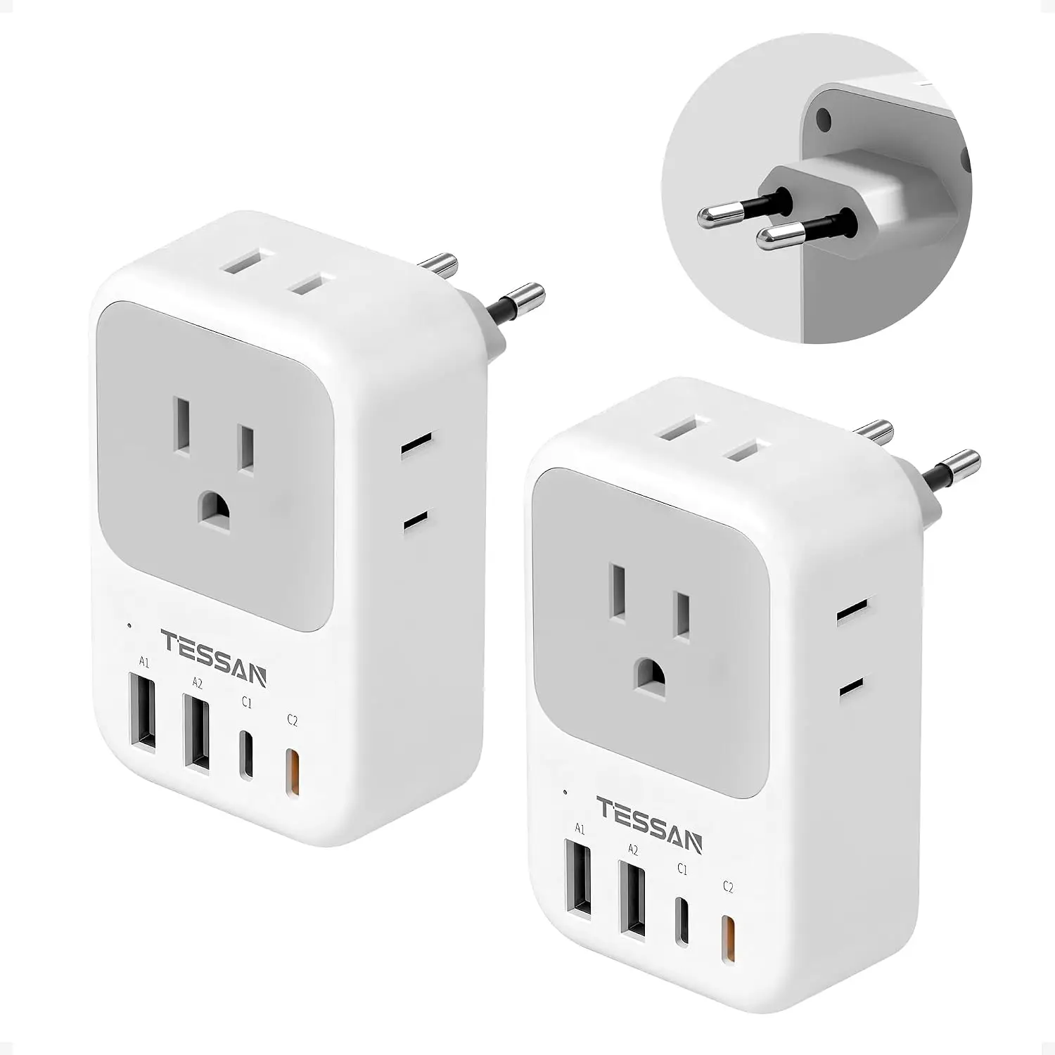 European Travel Plug Adapter 2 Pack, PD 20W USB C, 4 AC Outlets 4 USB, Type C Adaptor for US to Europe, Italy, Spain, France, Germany