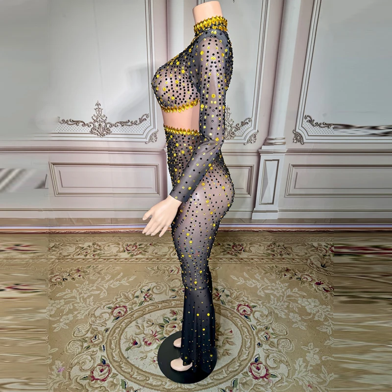 Black Gold Rhinestones Mesh Jumpsuit Women Party Gogo Dancer Costume Bar Nightclub Ds Dj Festival Outfit Stage Pole Wear XS9814
