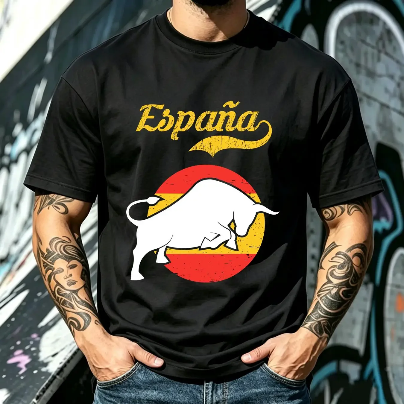 washed T Shirt Spanish Fighting Toro Bull Espana Flag Spain vintage Washed Stretched Casual streetwear Soft Comfortable Unisex