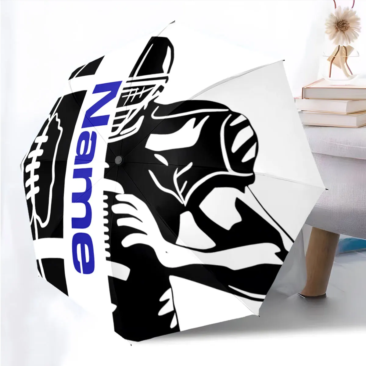 Custom Name Sports Theme Football Umbrella with Bold Design Print 8 Iron Ribs Folding Umbrella, Auto-Open Fashion Sunshade