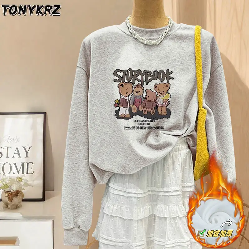 Round Neck Hoodie for Women Trendy with Loose Velvet and Hong Kong Style Retro Chic Top