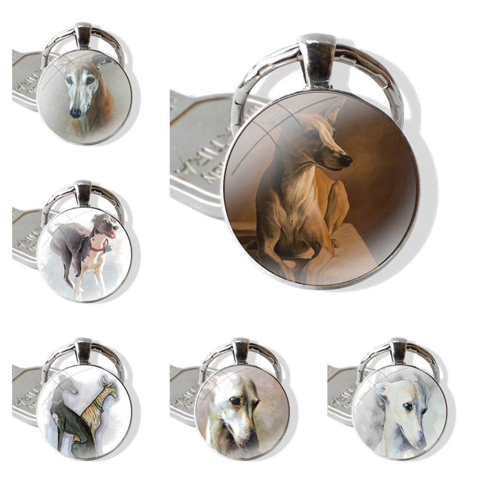 Keychain Handmade Glass Cabochon Key Ring Holder Pendant Key Chains Greyhound Hound Portrait