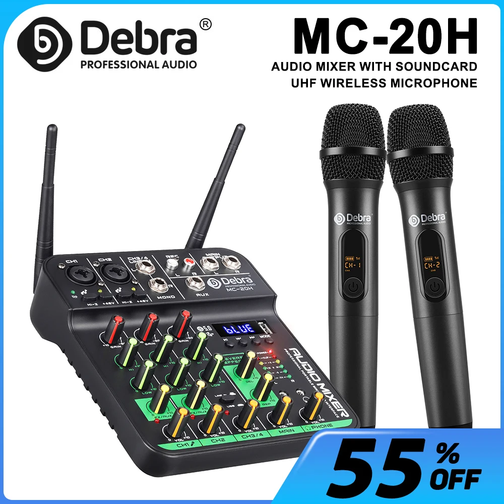 Debra DJ Console UHF Audio Mixer with SoundCard Wireless Mic 5V Bluetooth 5.0 for Karaoke, Live Performance