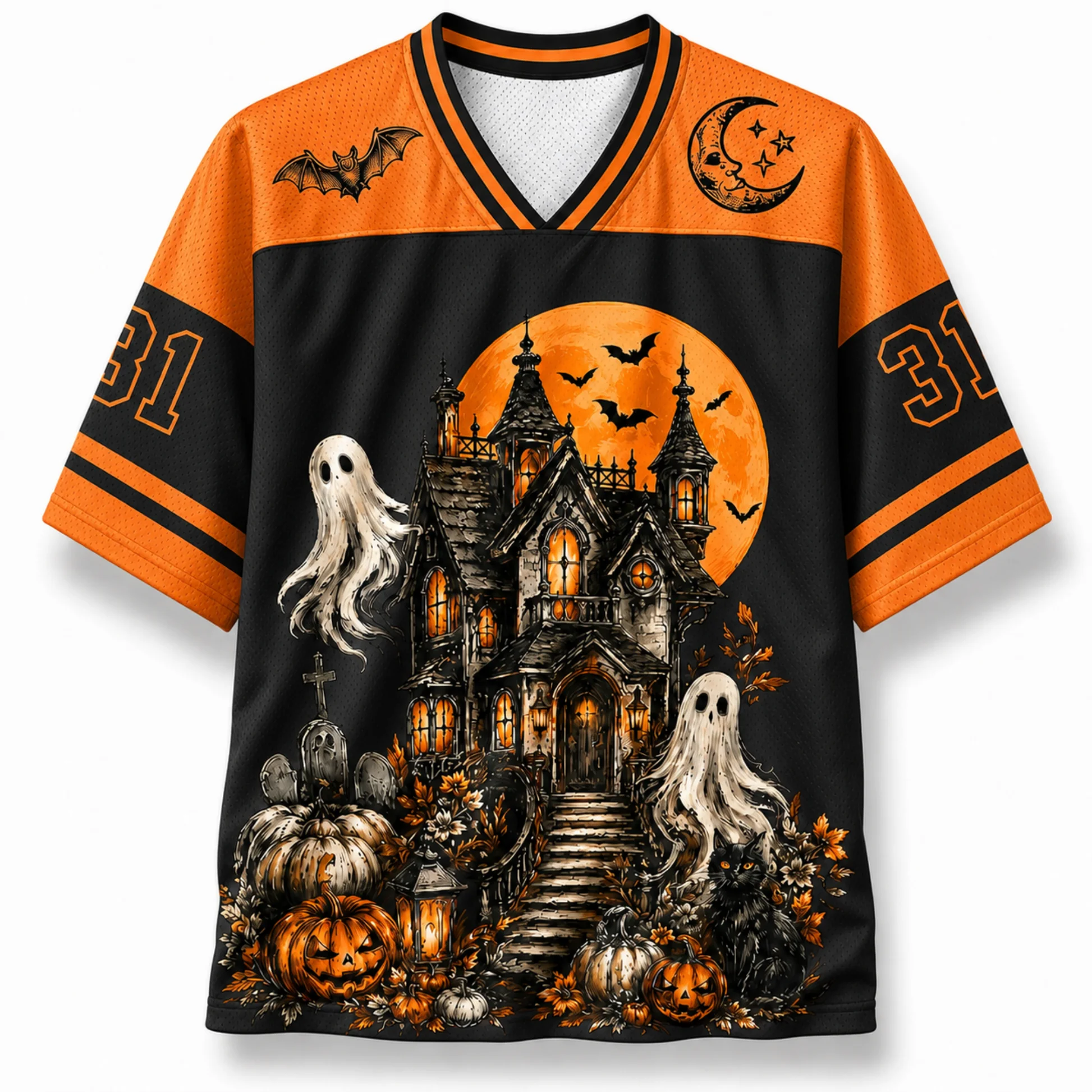 3D Printed American V-neck T-Shirt Trendy Halloween Moon Night Ghost House Design Men's And Women's Casual Wear for Parties