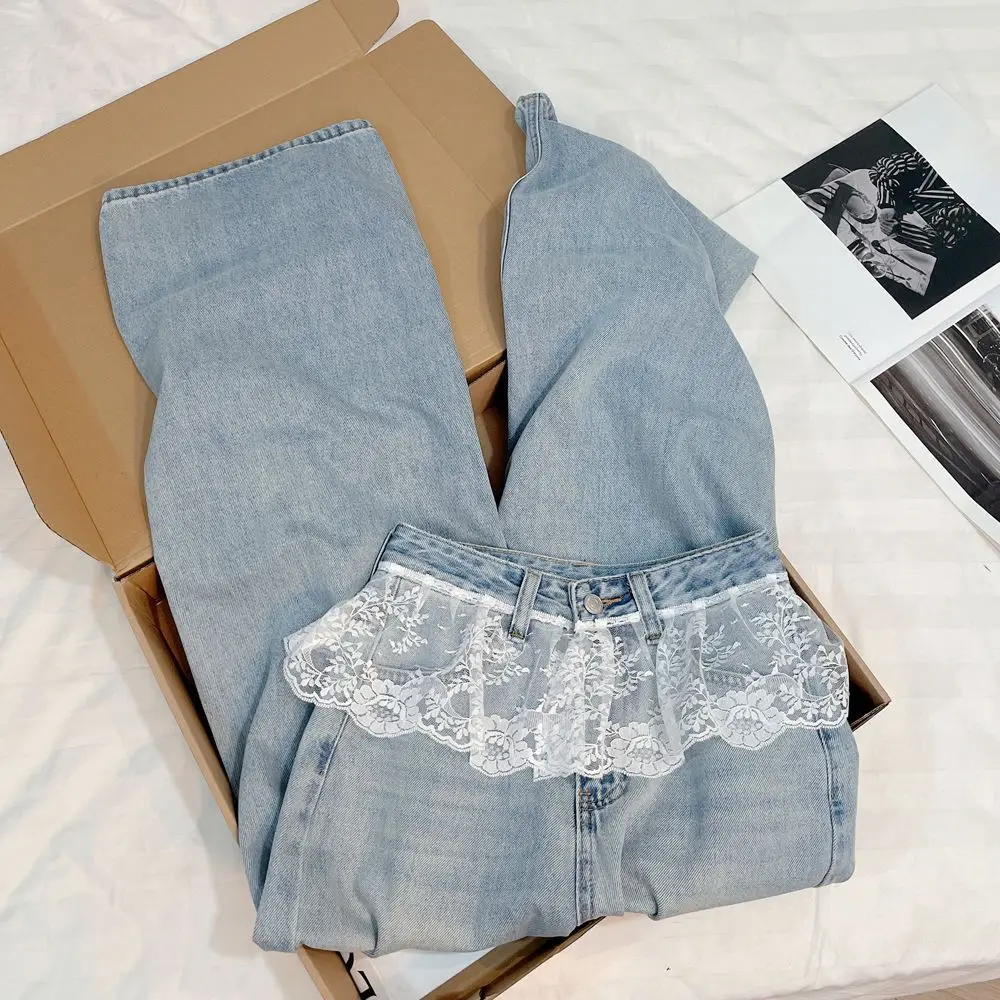 

Модные широкие джинсы с кружевом, новинка 2025, женские свободные прямые брюки с высокой талией, весна-осень, универсальные женские брюки в стиле ретро