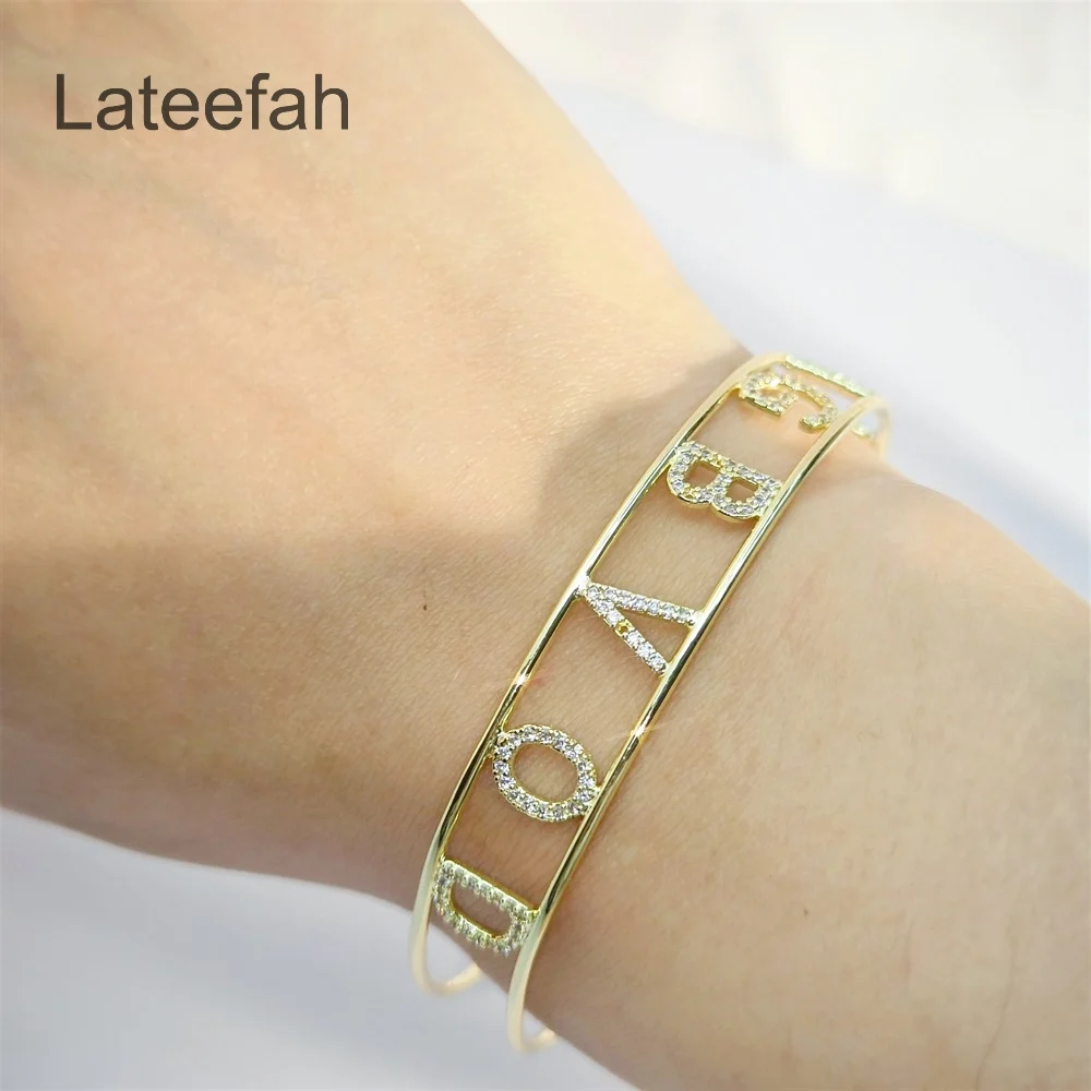 

Lateefah Luxury Charm Crystal Hollow Golden Bangle Bracelet Custom 8mm letters Zircon Name Bangle Women Gift Personality Jewelry