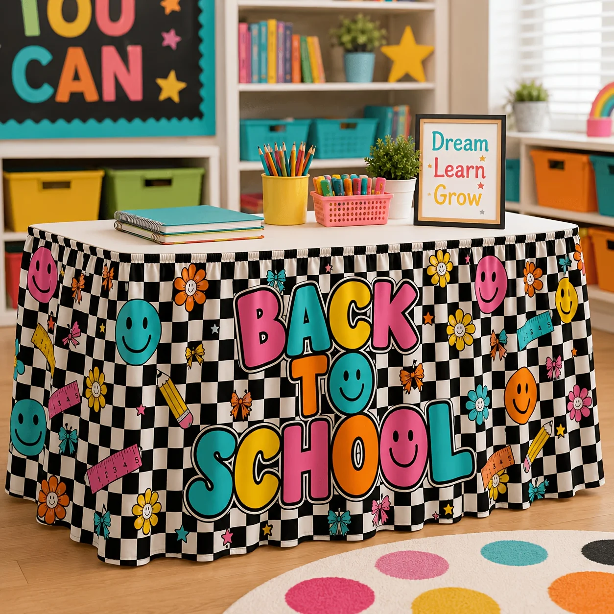 Envíe una falda de mesa, 1 pieza, Falda de Mesa Escolar con Diseño de Tablero de Ajedrez, temática escolar en blanco y negro.