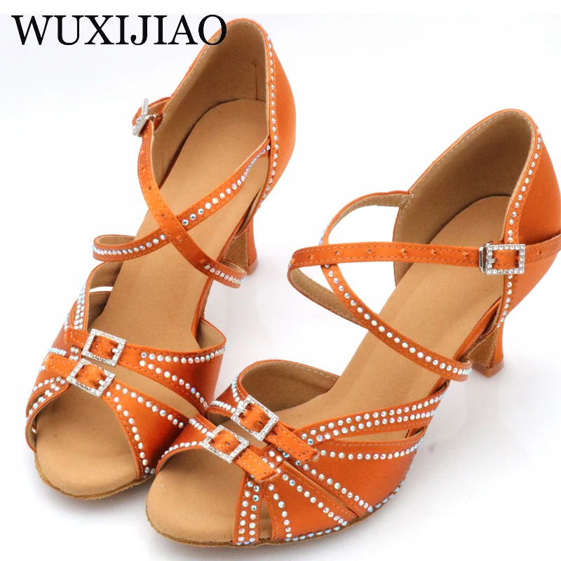 WUXIJIAO Satin Style Ballroom Dance Shoes Women with Black Party ladieslatin dance shoes black Women Latin Dance Shoes