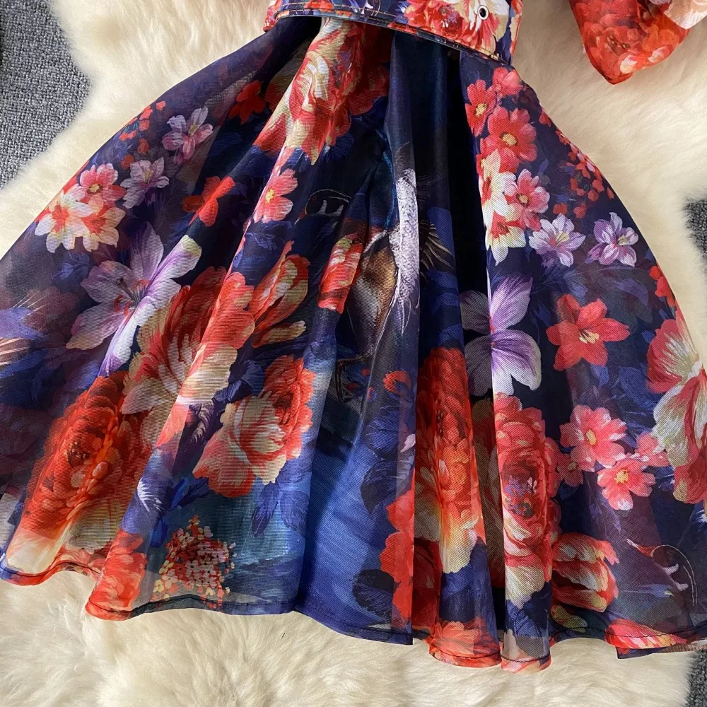 Retro  Print   Elegant v neck Chiffon puff sleeve Dress A-line Short Sleeve  Casual High Waist Women Summer dresses