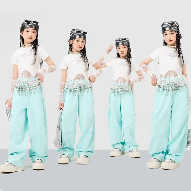 

Kid Kpop Hip Hop Clothing White Stoned Lace Hem Crop T Shirt Blue Casual Wide Parachute Pants for Girls Dance Costumes Clothes