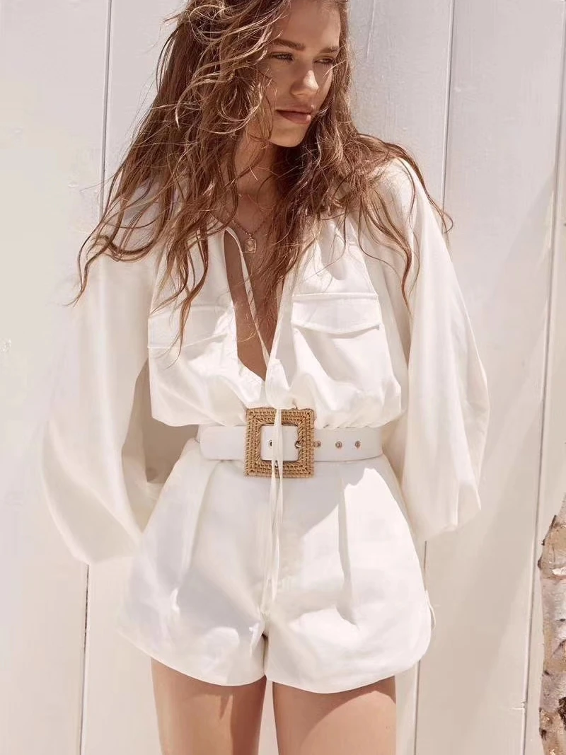 

Australian Street Sle High Waist Pants Lantern Sve Long Sve Belted Tall Illusion Loose orts Women's Jumpsuit