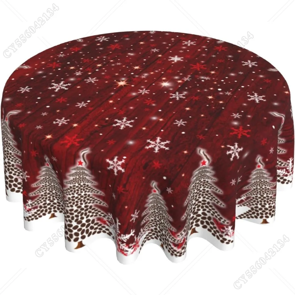 

Christmas Round Tablecloth For Kitchen Dining, 60Inch Red White Trees Wood Board Table Cloth, Winter Snowflakes
