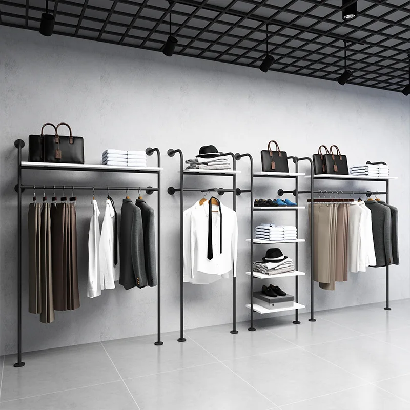 Men's clothing store clothing display rack, wall-mounted clothes rack, wrought iron multi-layer shoe bag clothing rack