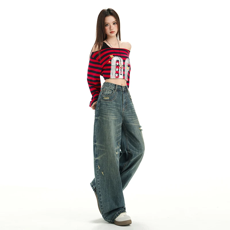 Otoño de 2025 nuevos pantalones vaqueros desgastados vintage para mujer con diseño de cintura alta, piernas largas, ropa de calle, estilo moderno y fresco