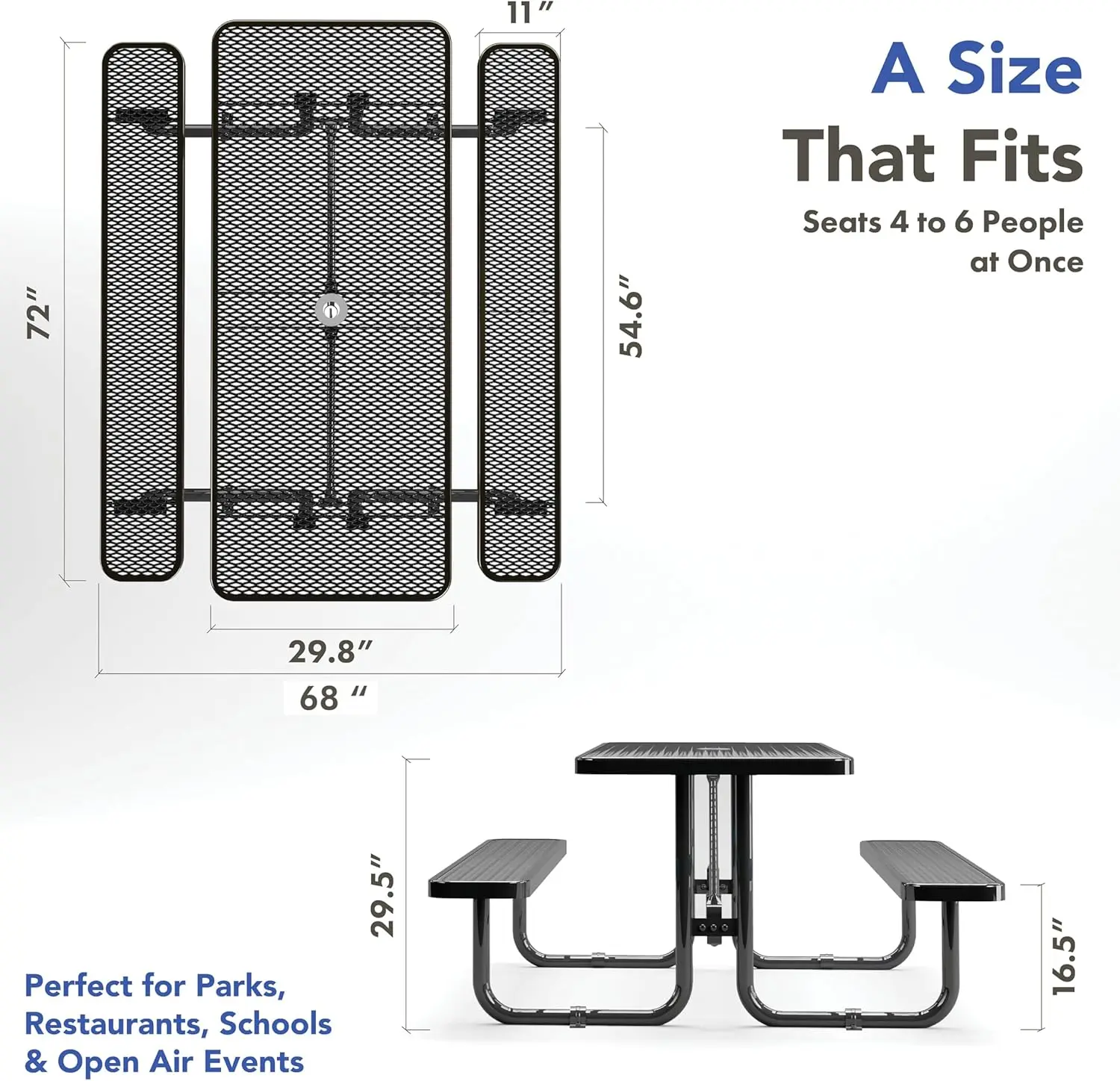 Metal Picnic Tables with Umbrella Hole, Heavy Duty Steel, 6' Rectangular, Adjustable Seats, Black.