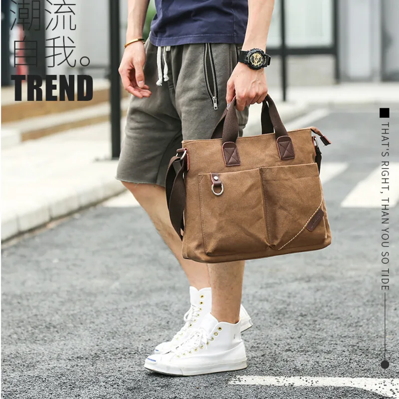 Men Durable Canvas Shoulder Bag Briefcase Travel Suitcase Messenger Shoulder Tote Pack Handbag High Quality Business Laptop Bags