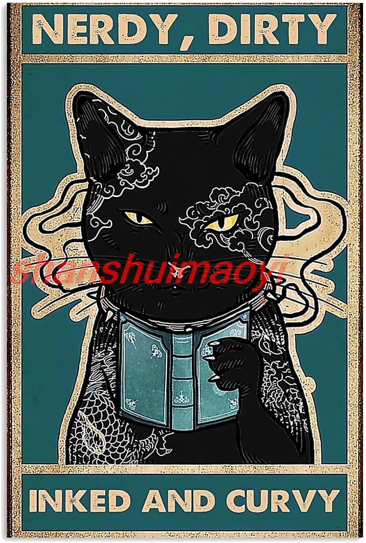 Tattoo Nerdy Cat Retro Metal Signs Vintage Aluminum Sign For Home Coffee Bar Wall Decor 8x12 Inch Tin Sign Cat Birthday Decorati