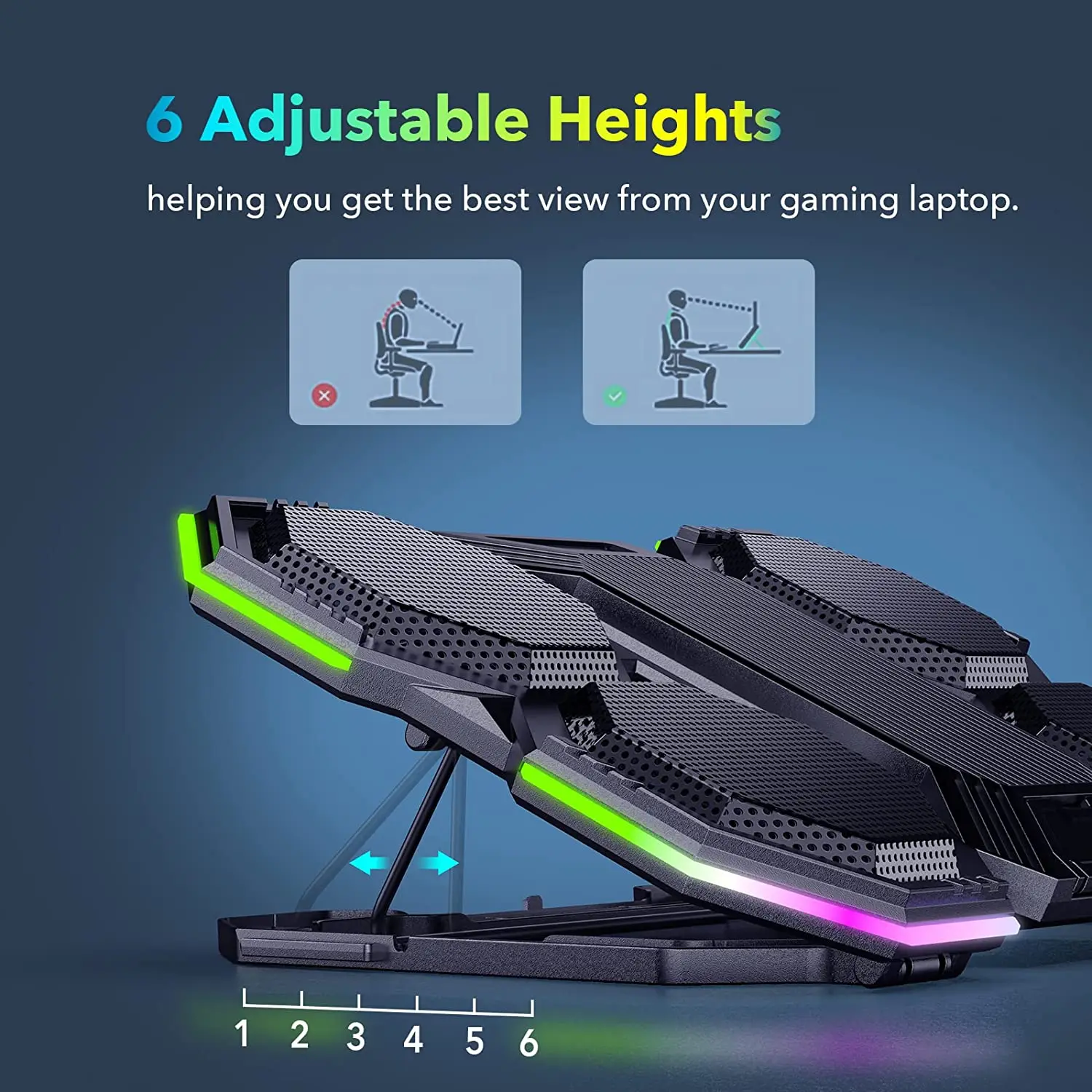 Ergonomic 6 Fans Comfort Notebook Cooler RGB Gaming Laptop Cooler Cooling Pad with phone holder